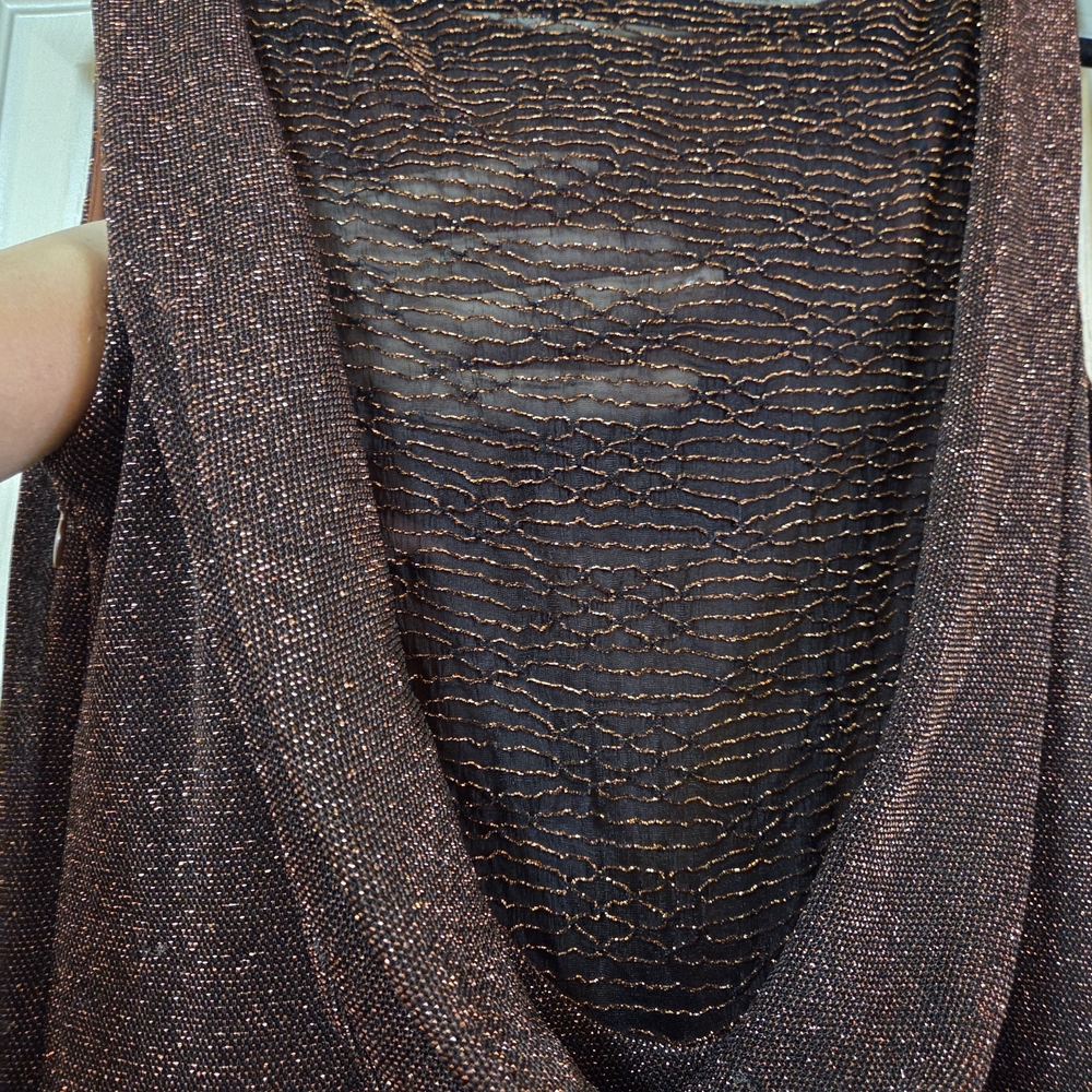 Vintage 90s Alex Evenings Bronze Sheer Back  Sparkle Maxi Dress Draped Cowl Prom